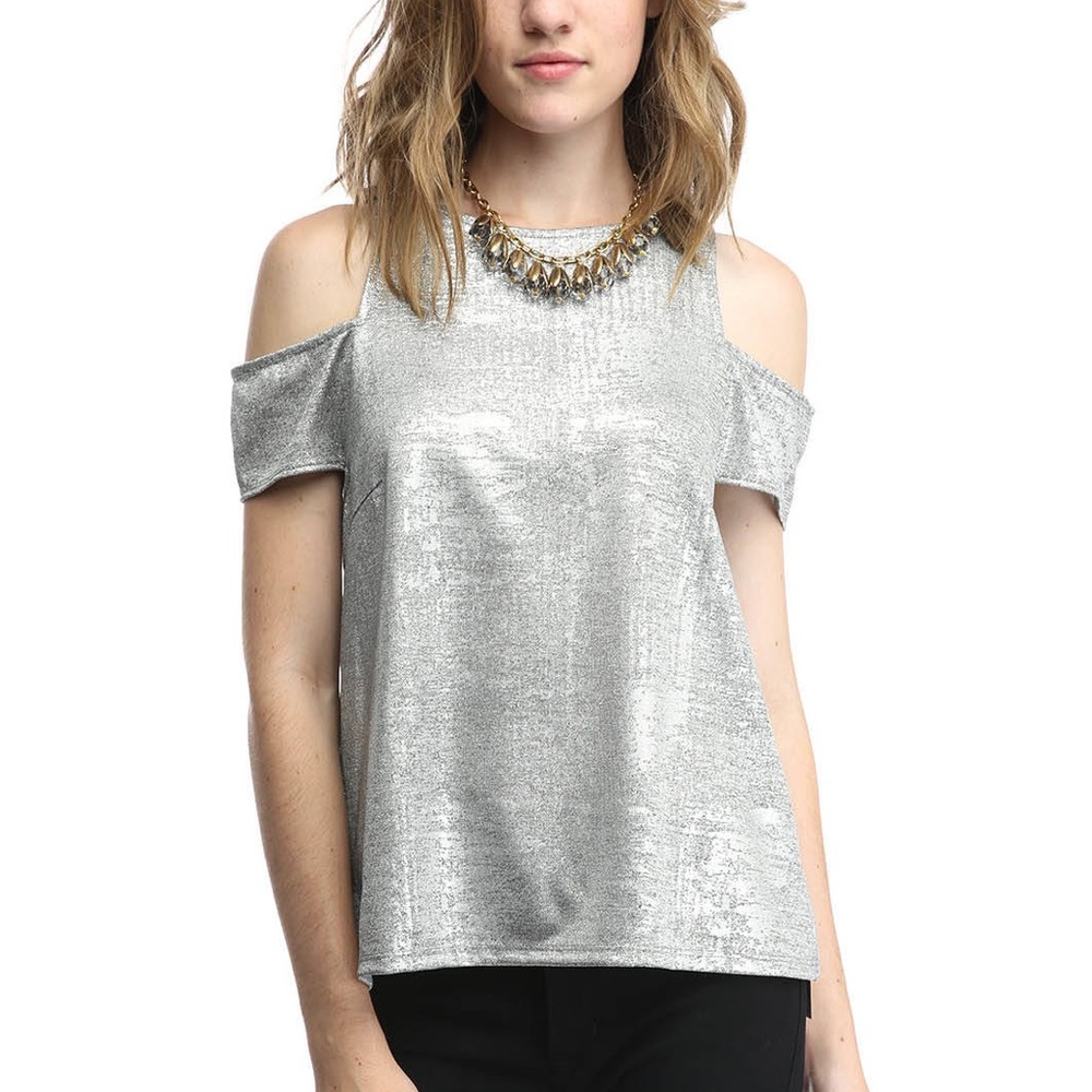 NWT metallic silver cold shoulder top
